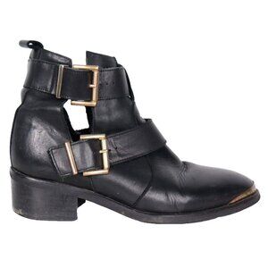 Kurt Geiger Women's US 9 Black Leather Saxon Cut Out Pull-On Strap Ankle Booties